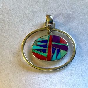Multi Colored Inlay Opal & Turquoise Sterling Silver Pendant